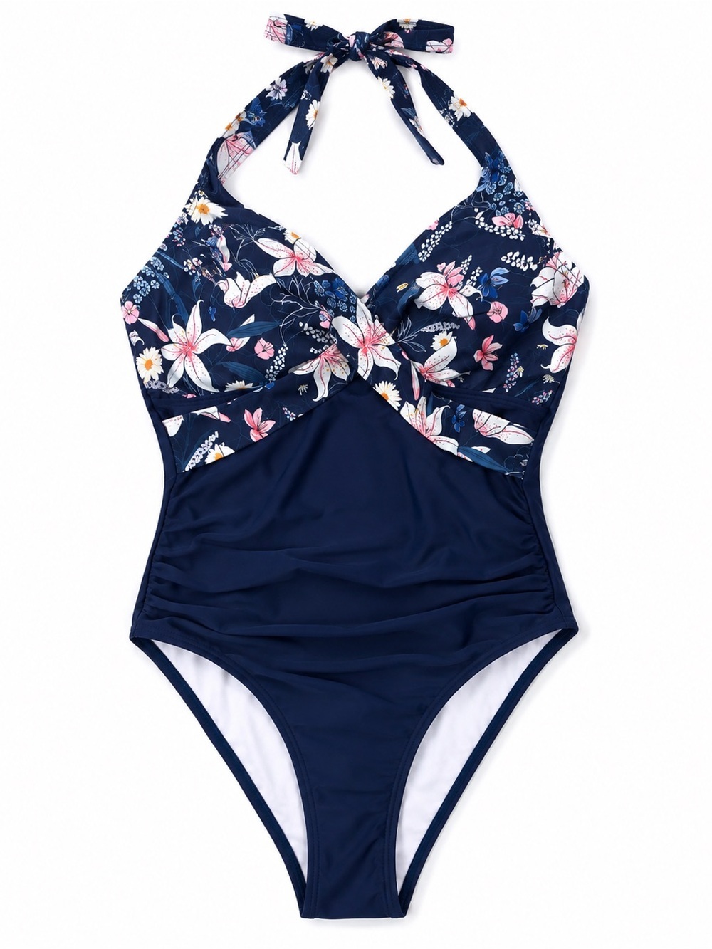 NWOT Navy Floral Halter Tummy Control One Piece Swimsuit Size XL